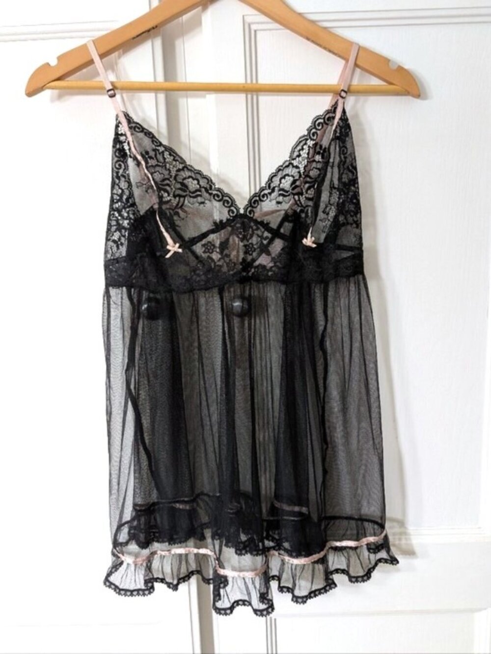 Vintage Victoria's Secret Sheer Black Lace Babydoll Nightie with Pink Trim Sz S